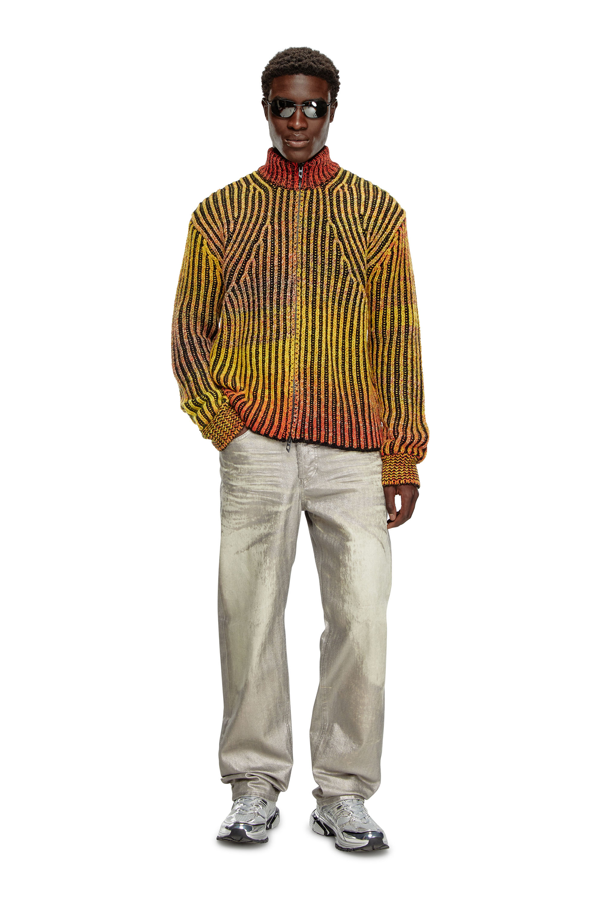 Diesel - K-OAKLAND-ZIP, Male's Striped ribbed zip-up cardigan in オレンジ - 3