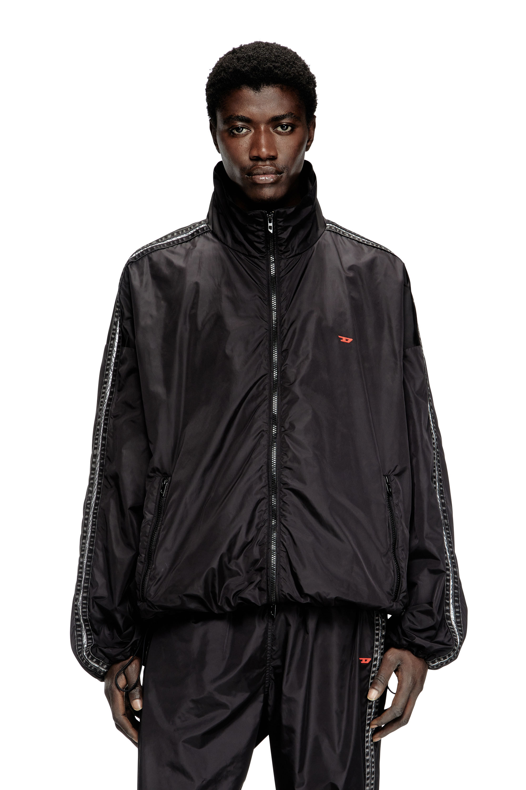 Diesel - J-CARON, Male's Nylon track jacket with denim bands in ブラック - 1