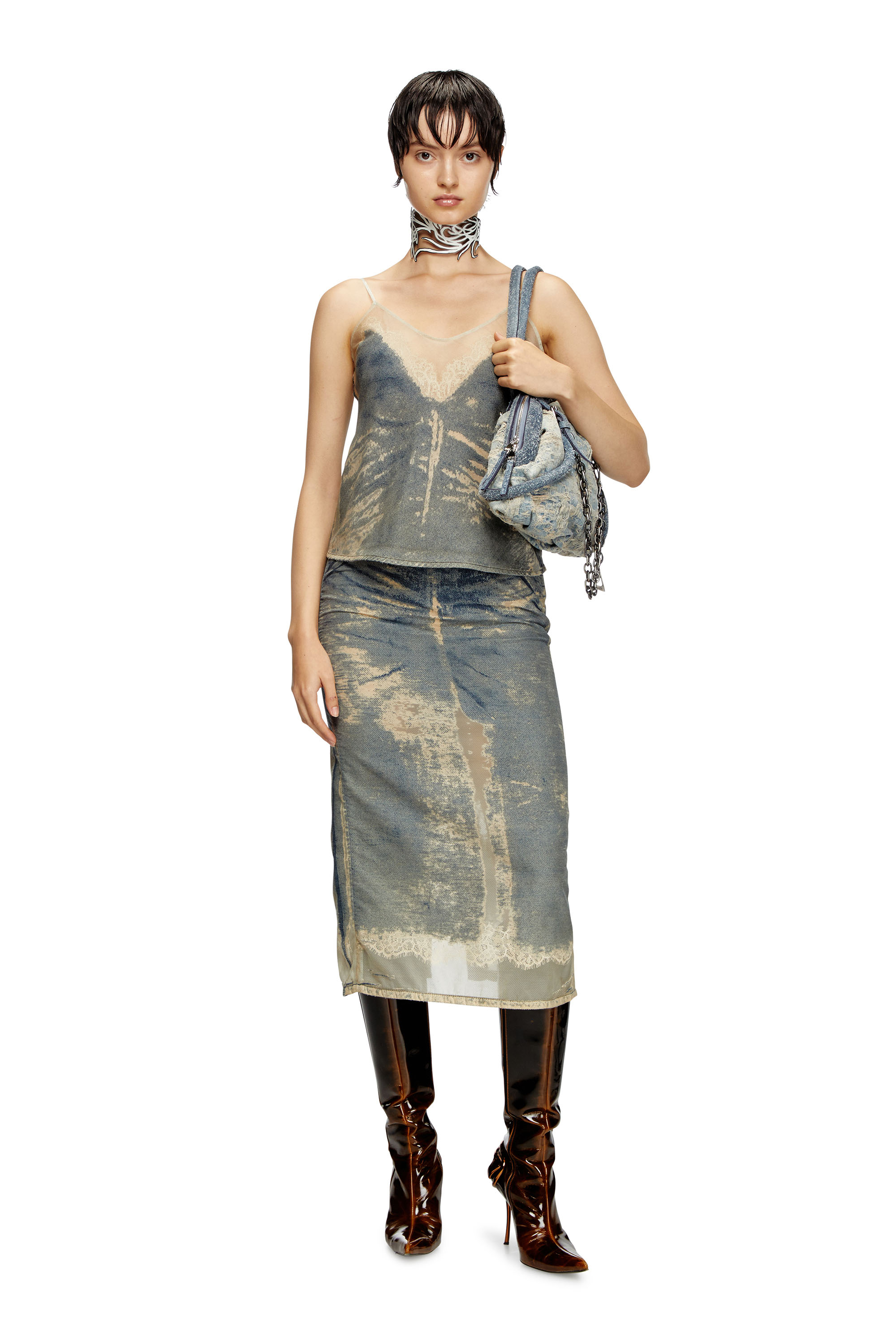 Diesel - DE-TRE-FSF, Female's Strappy top in floating devoré denim in ミディアムブルー - 4